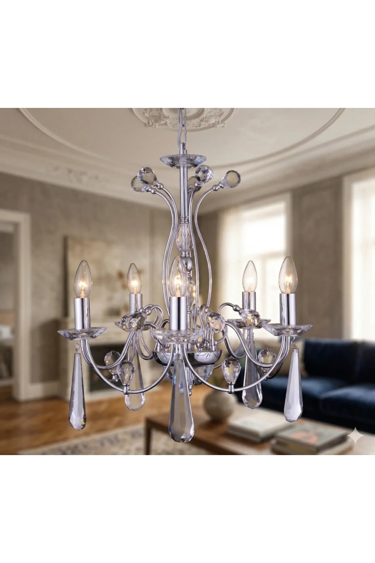 Nova 5 Li Modern Kristal Paraşüt Taşlı Krom Avize (TAM MONTAJLIDIR.)